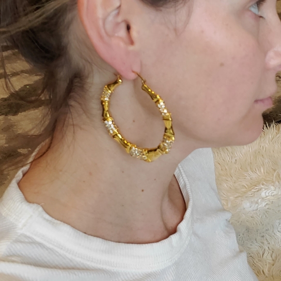 NOIR|Womens gold and rhinestone hoop earrings - Picture 6 of 6